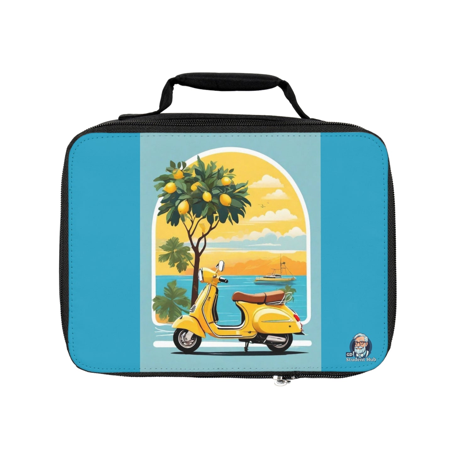 A custom insulated lunch bag with a vintage scooter illustration, a black base, and a customizable white area.