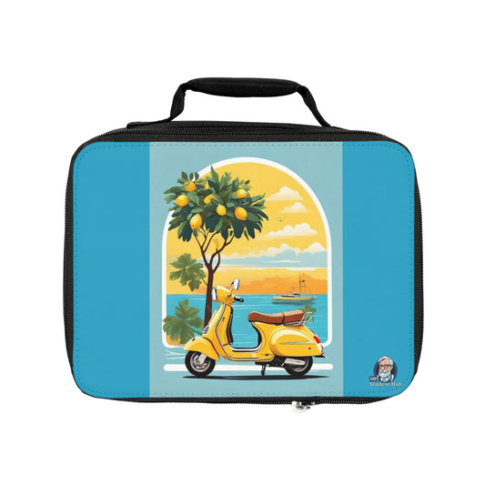 A custom insulated lunch bag with a vintage scooter illustration, a black base, and a customizable white area.