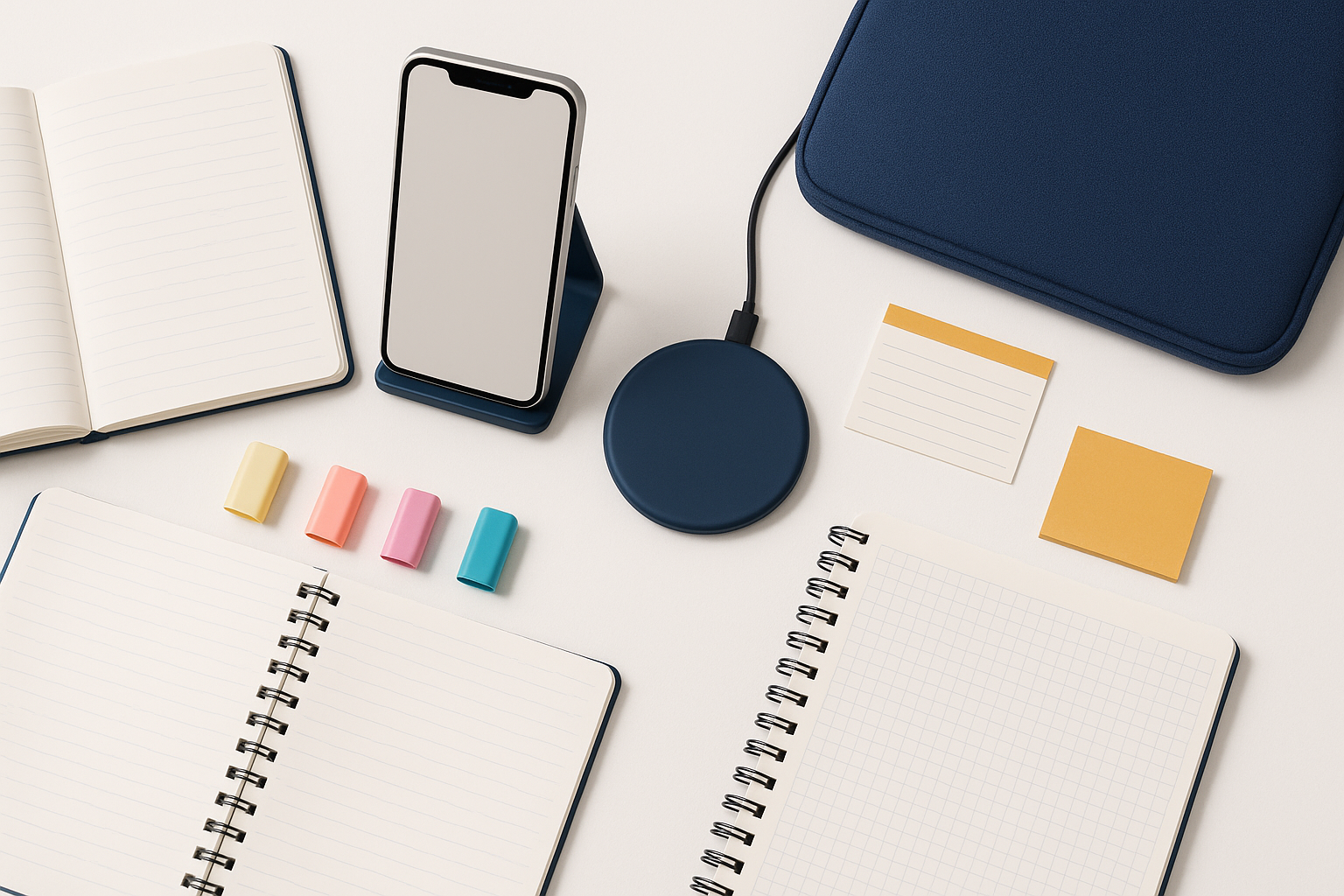Flat lay of student tech accessories: a phone stand, wireless charger, and laptop sleeve on a white desk with notebooks and highlighters. Bright lighting, modern minimalist style. Navy blue and yellow accent items.